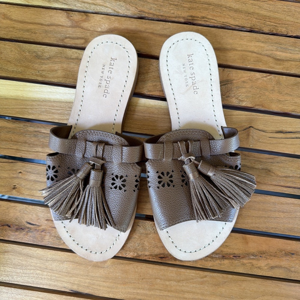 Kate Spade New York Claire Flat Sandals Toast Leather Slides Brown Size 5.5